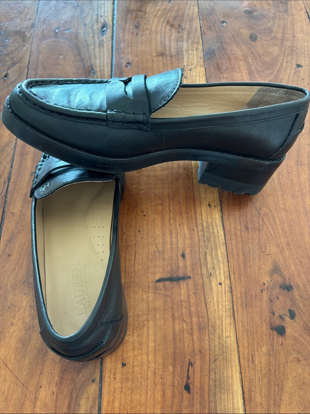 Lauren Ralph Lauren Lug Sole Black Leather Penny Loafers Women’s 9